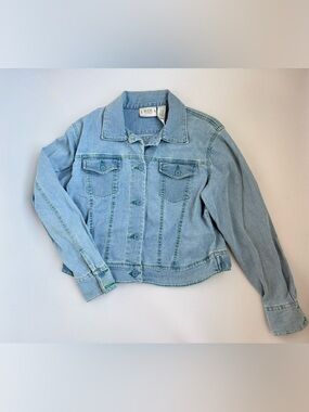 Bill Blass VTG Light Blue Denim Trucker Style Jacket Green Stitching Size Medium